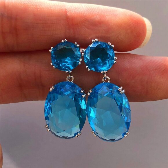 Shiny Big Oval Colorful Gemstone CZ Earrings For Women, HA4263 - Picture 1 of 2
